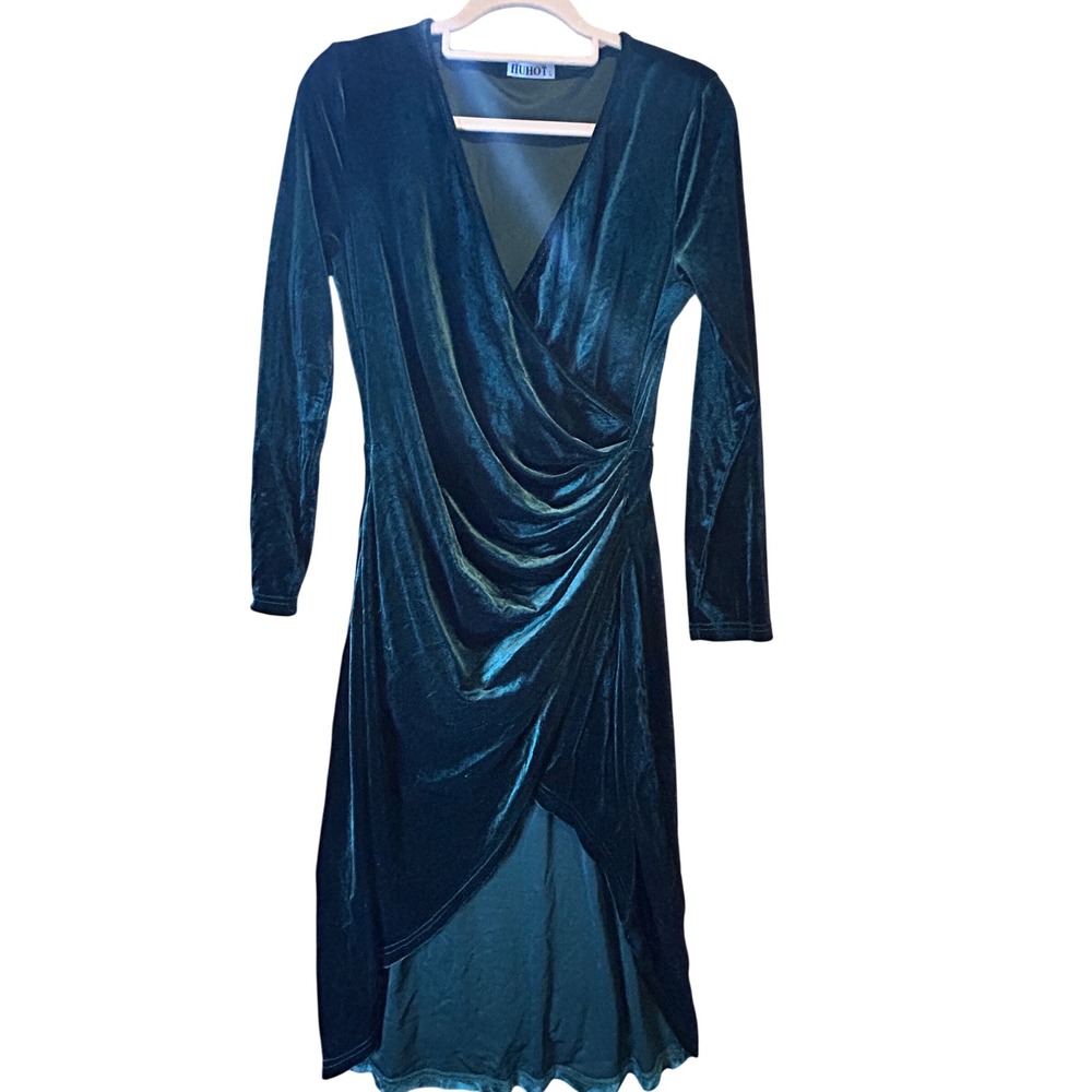 HUHOT Velvet Wrap Dress Womens Large Green Excellent High Low Long Sleeve V-Neck